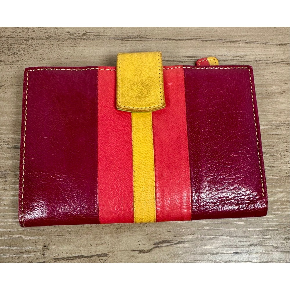 Tusk‎ Leather Bifold Wallet Colorblock Burgundy Red Yellow Green Stripe Zipper